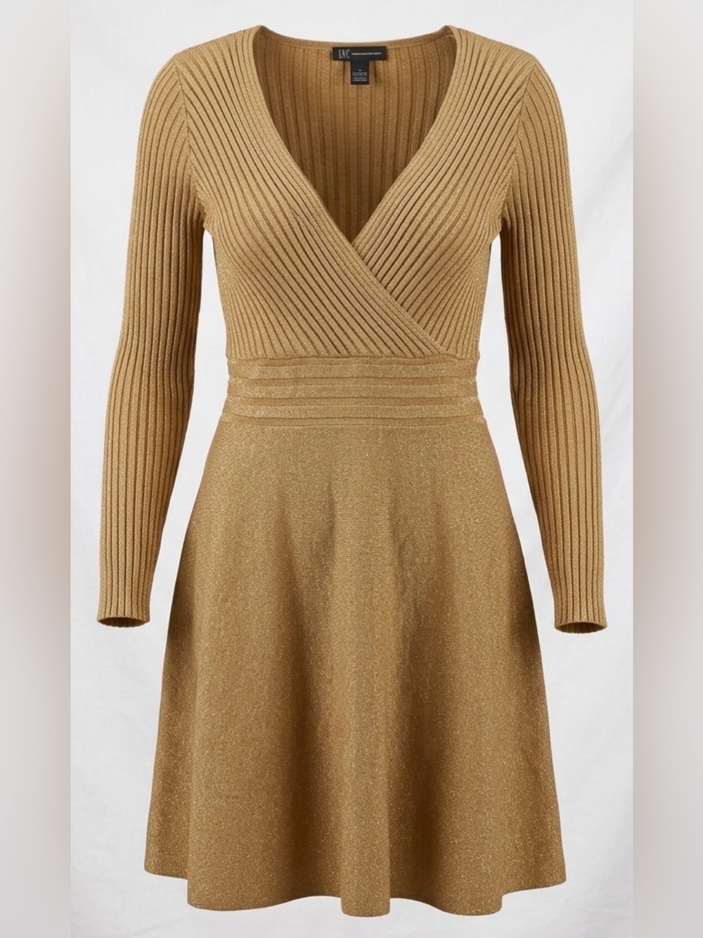 NWT INC International Concepts Gold Metallic Ribbed Sweater Dress V-Neck L